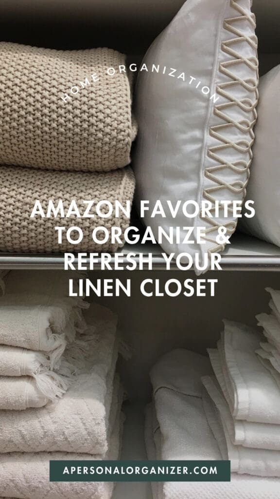 Stacked neatly folded towels, knitted blankets, and decorative pillows are arranged on shelves in a linen closet. Text over the image reads, "Amazon favorites to organize & refresh your linen closet.
