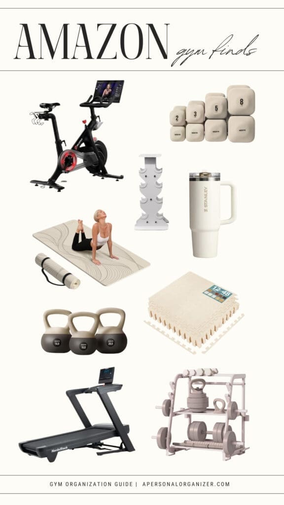 A collage of gym-related items, including a stationary bike, yoga mat with person, kettlebells, hand weights, water bottle, and dumbbell rack—perfect inspiration for your garage transformation using top Amazon organizing picks.