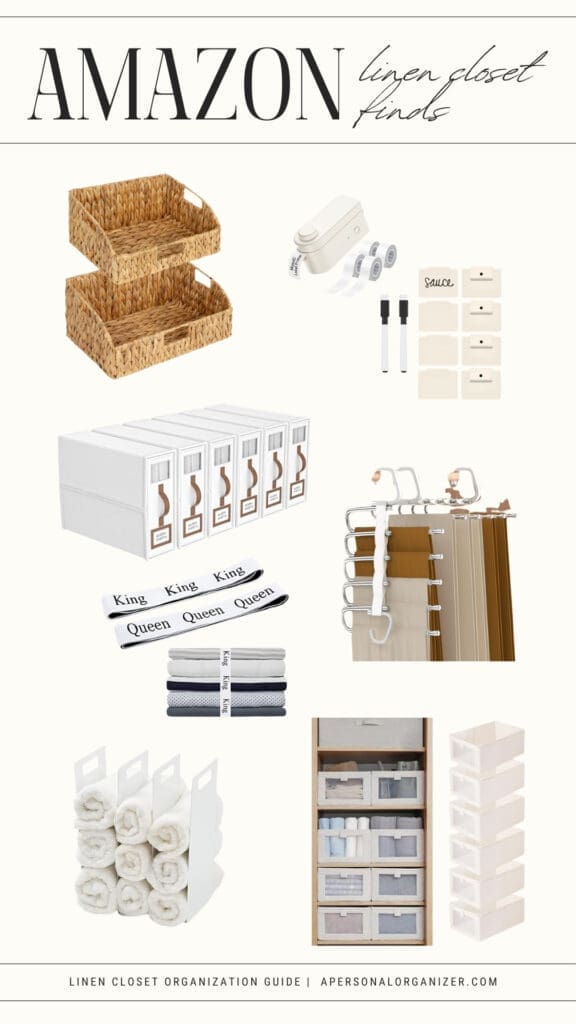 A collage of linen closet organization products from Amazon, including baskets, labels, storage boxes, and more. Text reads: "AMAZON organizing picks." Perfect for your next linen closet or garage transformation.