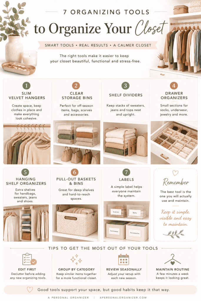 Infographic displaying seven closet organizing tools for any space, including a linen closet: velvet hangers, storage bins, shelf dividers, drawer organizers, hanging organizers, pull-out baskets, and labels. Includes helpful tips for maximizing closet space and staying organized.