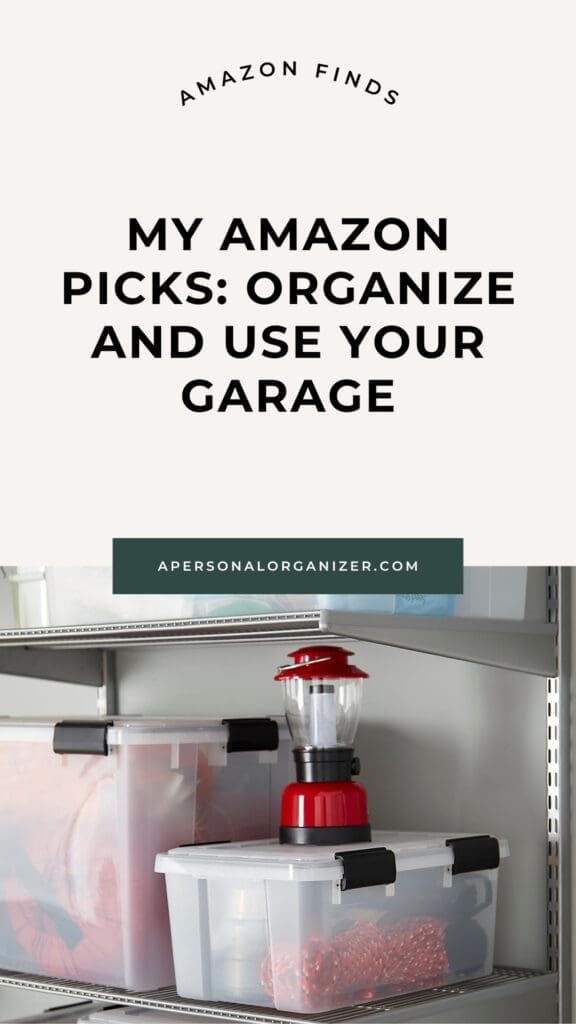 Plastic storage bins and a red lantern are neatly arranged on metal shelves in a garage, illustrating amazon garage organization. Text above reads, "My Amazon picks: Organize and use your garage.