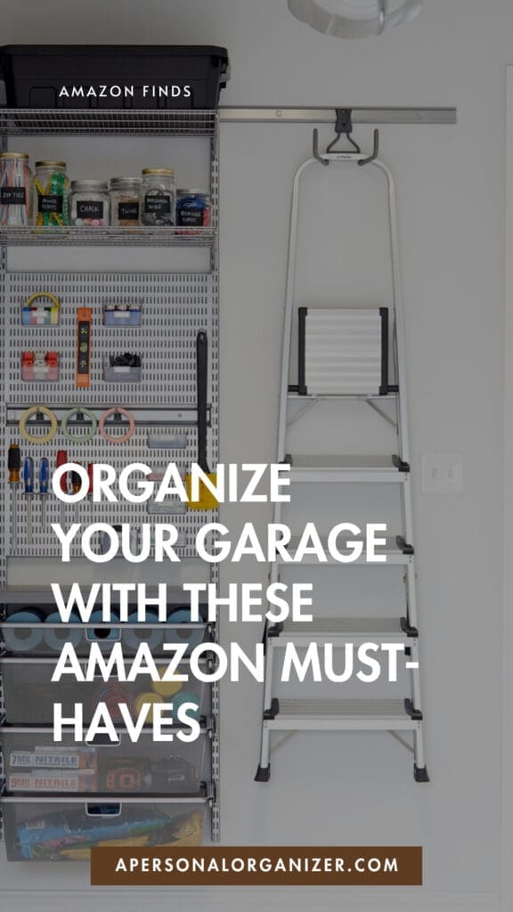 A neatly organized garage wall with tools on a metal pegboard and a folded ladder mounted next to it. Text overlay reads, "Upgrade your space with these amazon garage organization must-haves.