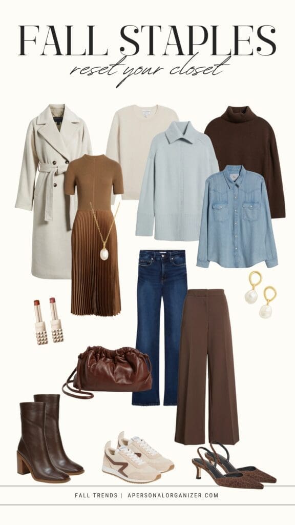 A collage of fall wardrobe staples to help reset your wardrobe, featuring a beige coat, taupe knit dress, cream and blue sweaters, brown pullover, chambray shirt, gold hoop earrings, dark jeans, boots, sneakers, sandals, and a brown purse.