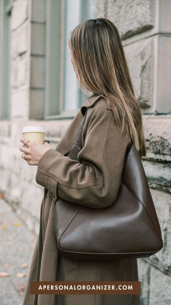 A woman with long hair wearing a brown coat holds a coffee cup and carries a large brown purse&mdash;showcasing classic Fall Outfit Ideas. She stands outside by a stone building. The text "APERSONALORGANIZER.COM" appears at the bottom.