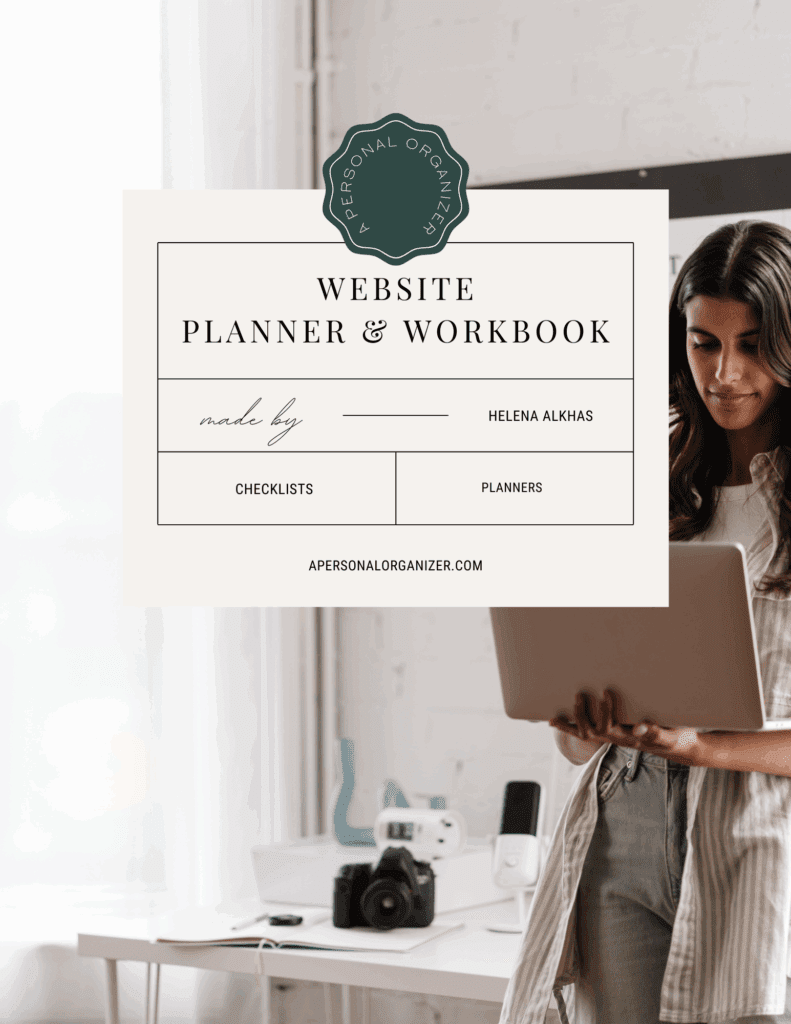A woman stands at a desk holding a laptop. Overlaid is a graphic for Helena Alkhas's "Website Planner & Workbook," featuring checklists and planners from her organizing printables shop. The bright room has white walls and a window.
