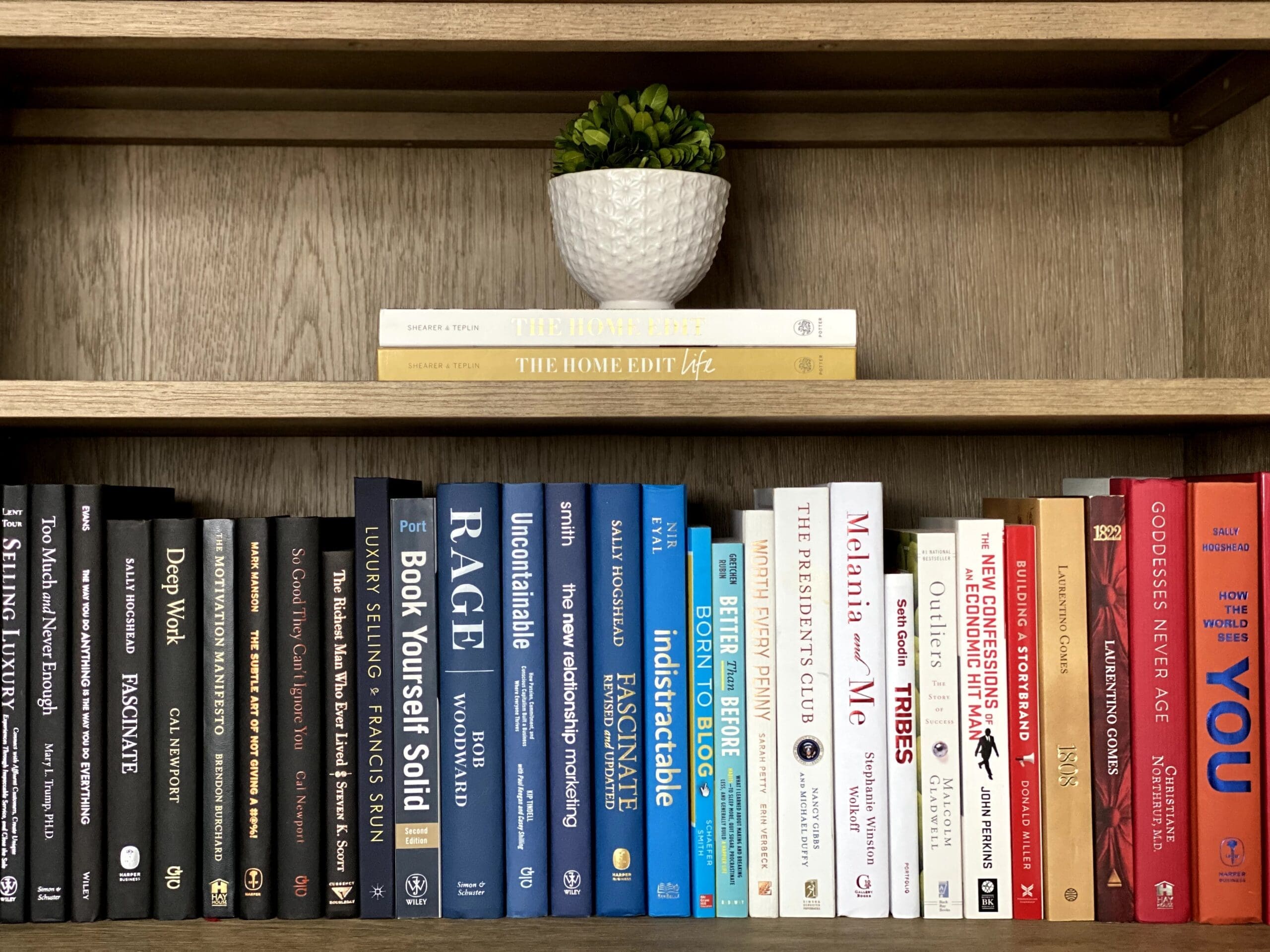 Books of various colors are neatly arranged on two wooden shelves, adding charm to the home office. On the top shelf, two light-colored books are stacked horizontally with a small green potted plant on top. The lower shelf displays a row of upright books.