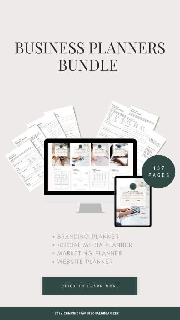A promotional image for a "Business Planners Bundle" showing printed planner pages, a computer, and a tablet displaying planner designs. Text highlights 137 pages to help with organizing branding, social media, marketing, and website tasks.