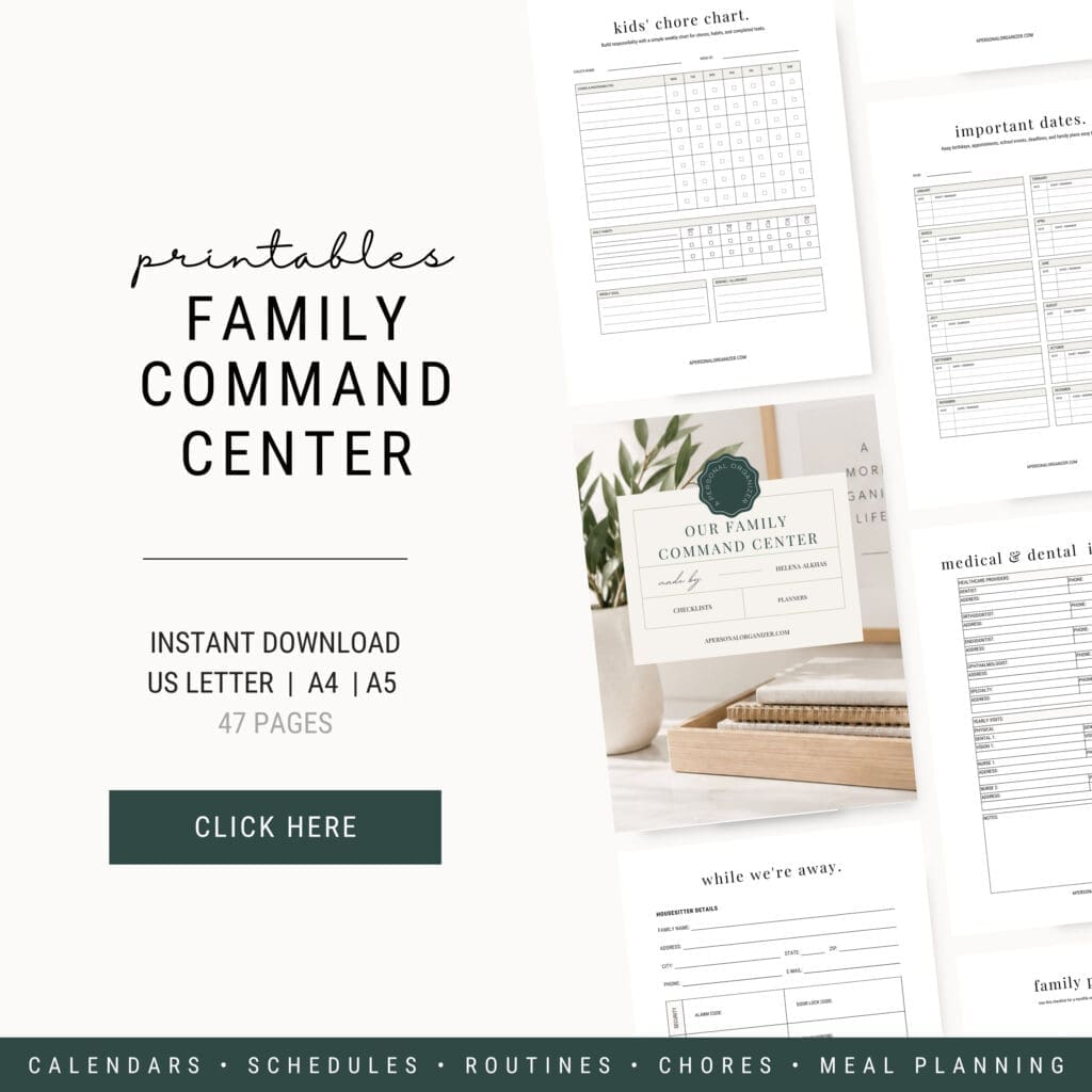 Printable Family Command Center advertisement showing organized sheets for chores, schedules, a weekly reset routine, and planning. Text highlights 47 downloadable pages, a green “Click Here” button, and page previews are displayed.