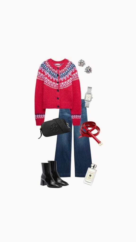 Christmas Eve outfit: red Fair Isle cardigan, wide-leg jeans, a red skinny belt, black block-heel ankle boots, a black crossbody bag, a silver watch, stud earrings and cologne