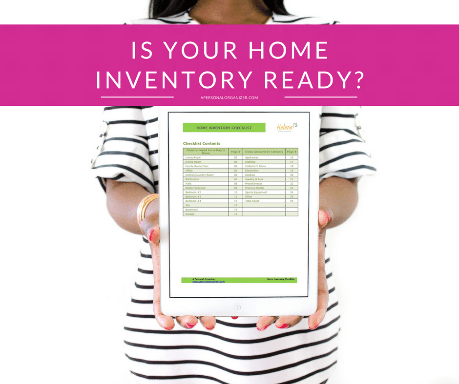 A person wearing a black and white striped shirt holds a tablet displaying a home inventory checklist. The background features a pink banner with the text, "Is Your Home Inventory Ready?