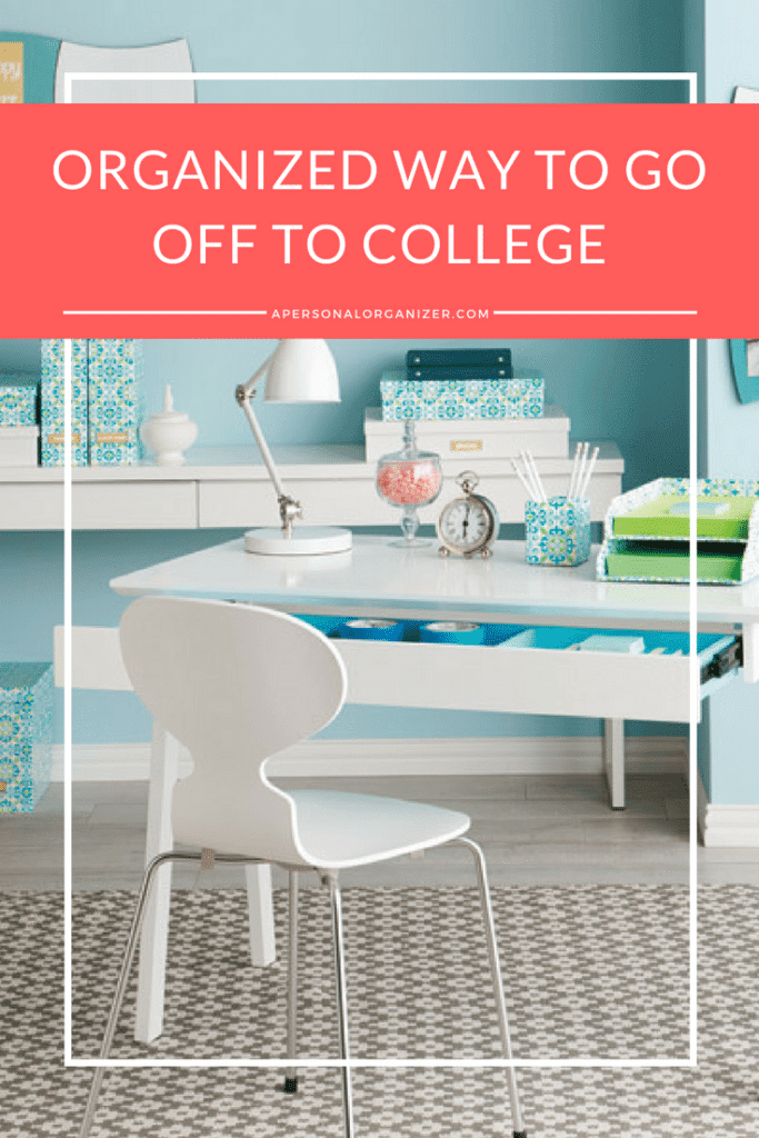 A study space with a white desk, chair, lamp, and organized shelves. Various blue-accented storage boxes and organizers are neatly arranged on the desk. The text overlay reads "ORGANIZED FOR COLLEGE: YOUR WAY TO SUCCESS" with the website "APERSONALORGANIZER.COM".