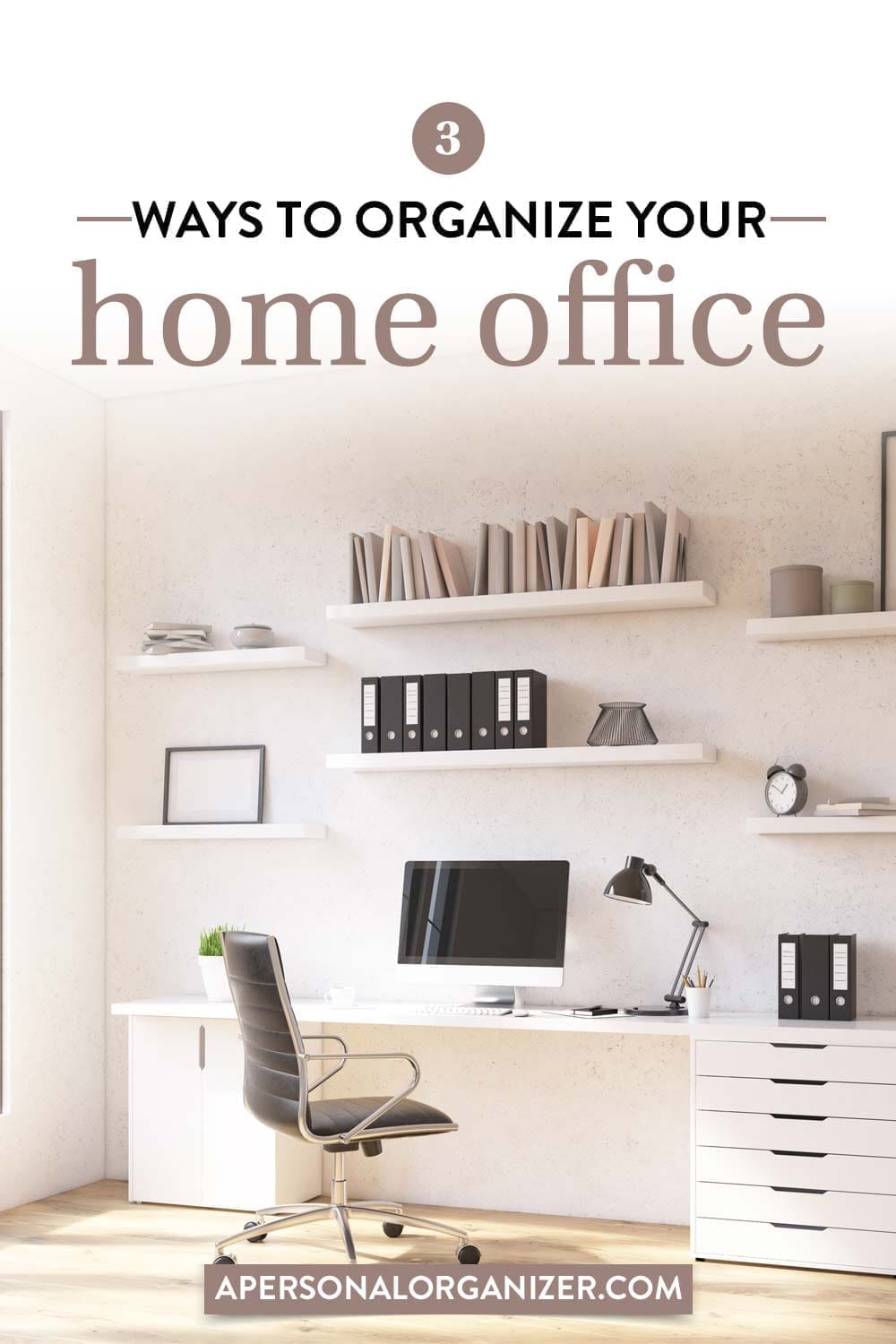A minimalist home office setup seamlessly blends into small living spaces. With white shelves and a desk, a computer, books, and office supplies are neatly arranged. Text reads "3 Ways to Organize Your Home Office" with a website link at the bottom. Perfect for those mastering small living rooms.