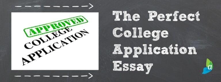 An image features a chalkboard background with white text reading "The Perfect College Application Essay." On the left is a piece of paper stamped "APPROVED" in green with "COLLEGE APPLICATION" underneath. A small blue and green two-leaf logo is in the bottom right corner, symbolizing growth.