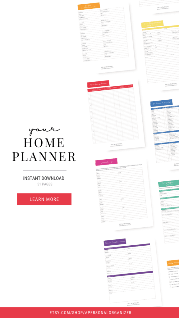 A home planner advertisement showcasing pages with headings like grocery planning, bill tracking, and cleaning schedules—even laundry faster tips. Text reads: "Your Home Planner. Instant Download. 51 Pages." Red button labeled "Learn More.