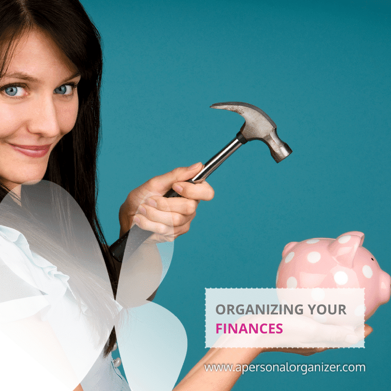 A woman holds a hammer and a pink piggy bank with a smile, next to the text "Organize Your Finances" and the website address "apersonalorganizer.com" against a teal background.