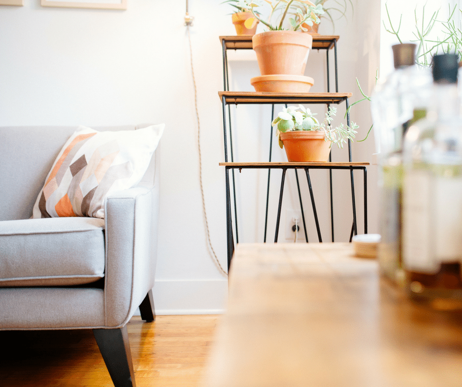 A bright, cozy room features a light gray armchair with a geometric patterned pillow. In the background, a wooden three-tier plant stand holds several potted plants, contributing to an organized home aesthetic. A wooden surface with various bottles is visible in the foreground.