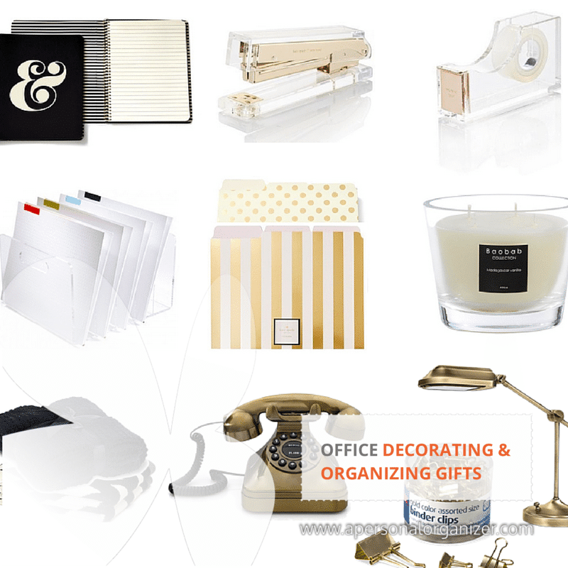 A collage of various office decor and organizing items: a stapler, paper clips, and file organizers. Also included are striped folders, a candle, a gold desk lamp, a rotary phone, and a labeled tray. Text reads: "Office Decorating & Organizing Gifts for an Organized Home.