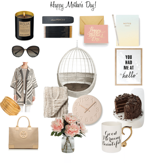 A collage of Mother's Day gift ideas, featuring a candle, sunglasses, a poncho, a handbag, gold bangles, flowers, a knitted blanket, a birdcage light fixture, a pink clock, chocolate cake, a "Good Morning Beautiful" mug and various stationery items.