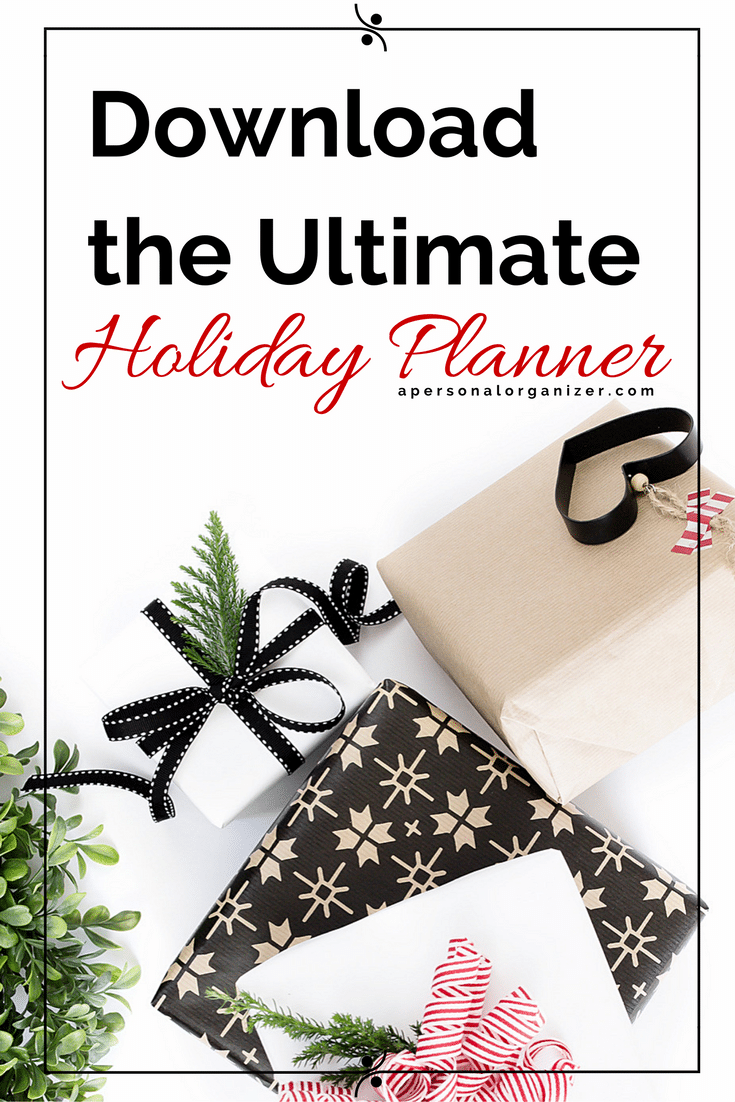 An arrangement of wrapped holiday gifts with decorative foliage is shown. The text reads, "Download the Ultimate Planner" with "Holiday Planner" written in red cursive. A URL at the bottom is specified as "apersonalorganizer.com".