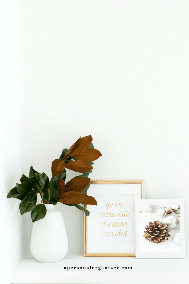 A white shelf holds a white vase with green leaves and two framed pictures. One golden frame reads "go the extra mile, it's never crowded," and the other, smaller silver frame shows a close-up of a pinecone with holiday decorations—perfect for decorating small spaces. Website "apersonalorganizer.com" is at the bottom.