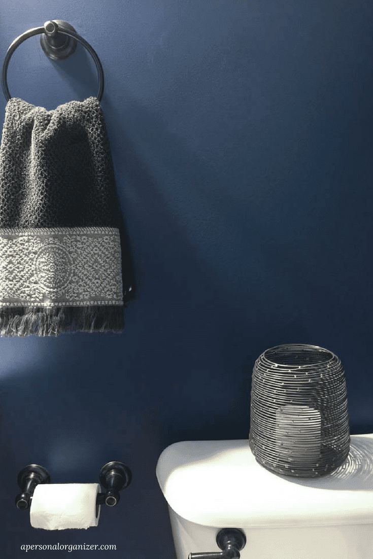 A small bathroom scene with a dark blue wall, a silver ring holding a gray and white hand towel, and a black wire decoration on the toilet tank. A dual toilet paper holder with a roll is mounted on the same wall.