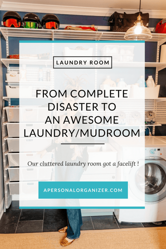 A modern laundry room with a makeover. Shelves hold colorful storage bins and helmets. The room has a white washer and dryer, and cabinets for organization. A person stands in the background. Text overlay reads, "From complete disaster to an awesome laundry room/mudroom.
