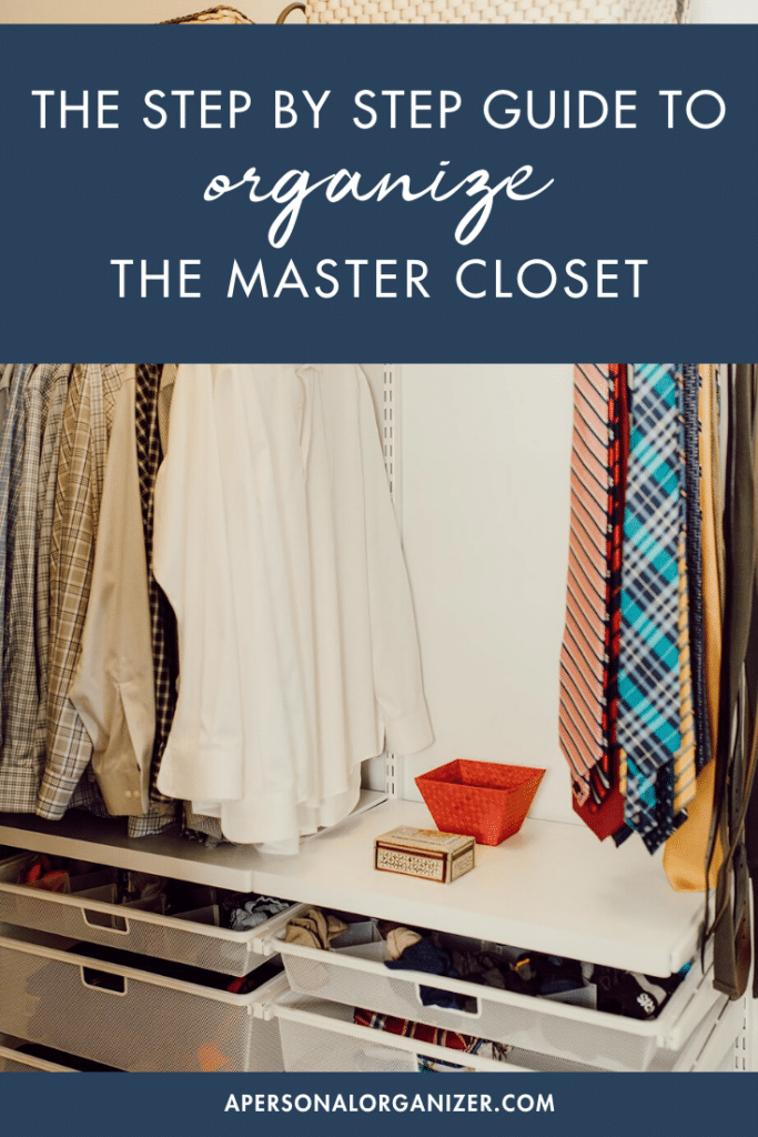 organized master closet with the Elfa closet system by the Container Store