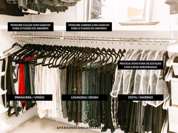 A closet, or guarda roupa, organized with sections for clothes. It features black hangers labeled for spring/summer, lounging/denim, and party/winter. Signs instruct on hanging pants and storing items with covers at the back.