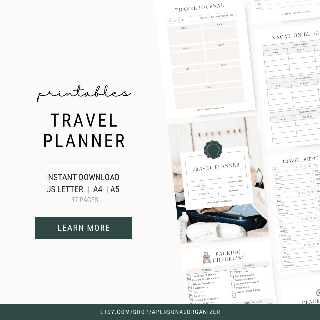 Collage showcasing travel planner printables, featuring budget sheets, a packing checklist highlighting what to pack for Paris, and an outfit planner. Text reads: "Travel Planner, Instant Download, US Letter | A4 | A5, 37 pages." Link: etsy.com/shop/apersonalorganizer.