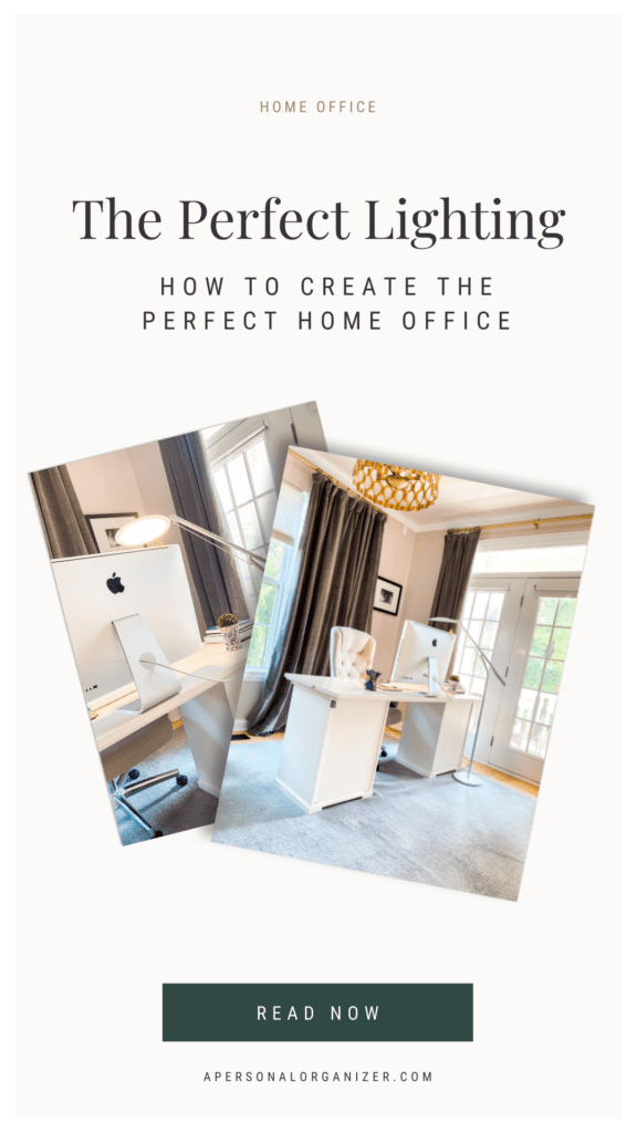 A promotional graphic showcasing two home office images, titled "Perfect Home Office," highlights "The Perfect Lighting" for an ideal workspace. A subtitle guides your setup, with a "Read Now" button and website address below.