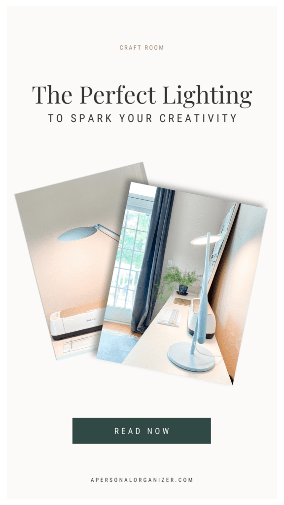 Two images of a bright craft room, ideal as the perfect home office, featuring a desk lamp and crafting supplies by a window with closed blinds. The text above reads, "The Perfect Lighting to Spark Your Creativity." A button below says, "Read Now.