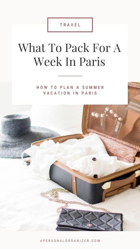 An open suitcase on the bed overflows with clothes, a chic hat, a purse, and a shimmering necklace. Text reads: "Travel: What to Pack for Paris - Essentials for Your Week. How to Plan a Summer Vacation in Paris.
