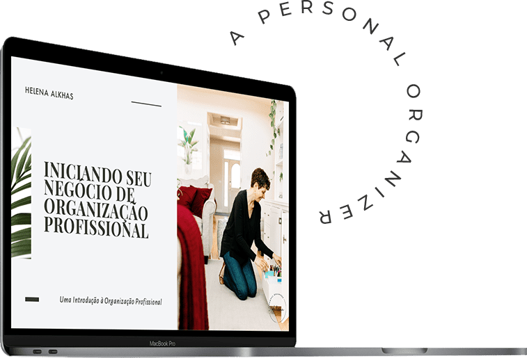 A laptop displays a book cover titled "Iniciando Seu Negócio de Organização Profissional" by Helena Alkhas, featuring a woman organizing items. Text arcs above, reading "Curso Online Personal Organizer," highlighting the steps to excel in personal organizing.
