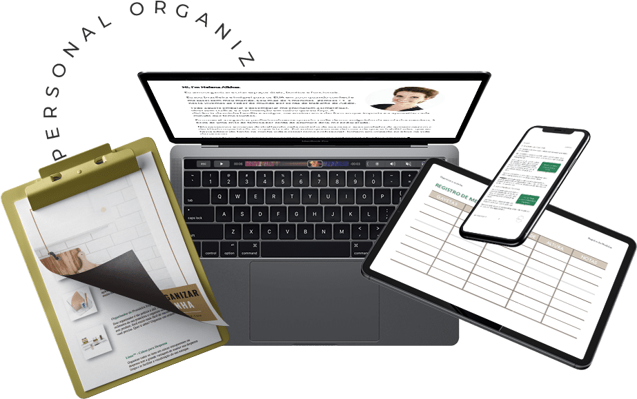 A laptop displaying a webpage, an open magazine on a clipboard, and a tablet with a spreadsheet create the perfect setup for any personal organizer. Beside them, a smartphone with a document completes the scene while "Personal Organiz" inspires productivity.