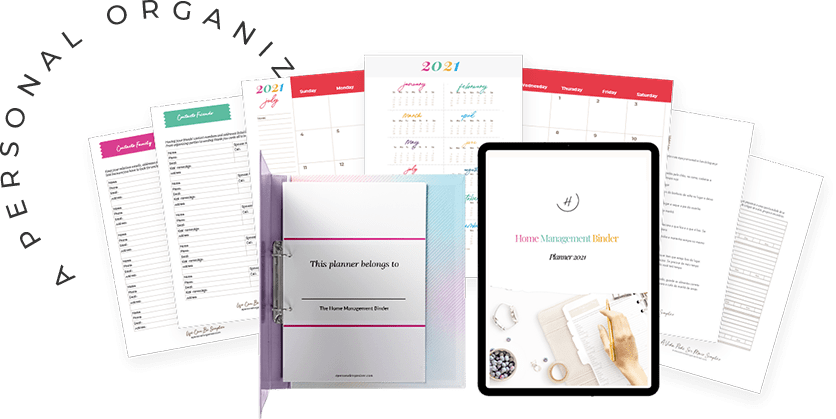 A collection of organizational materials, featuring a spiral-bound planner and a digital tablet displaying "Home Management Binder Planner 2021," along with colorful printables like calendars and schedules, elegantly arranged in a fan-like layout—perfect for any personal organizer enthusiast.
