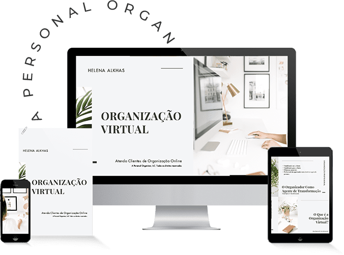 Digital mockup displaying "Organização Virtual" on a computer, tablet, and phone screen. The design features a minimalist layout with a plant in the background and decorative elements, ideal for promoting a curso online personal organizer. Text in Portuguese appears on all devices.
