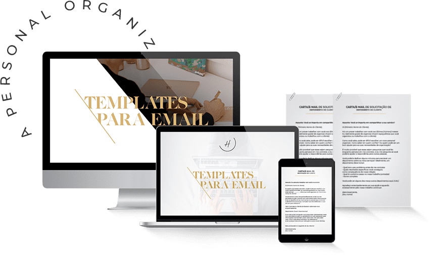 Digital devices displaying "Templates Para Email" on screens, including a desktop, laptop, and tablet. Accompanying papers with text hint at a "curso online personal organizer." The phrase "A Personal Organiz" is partially visible on the side.