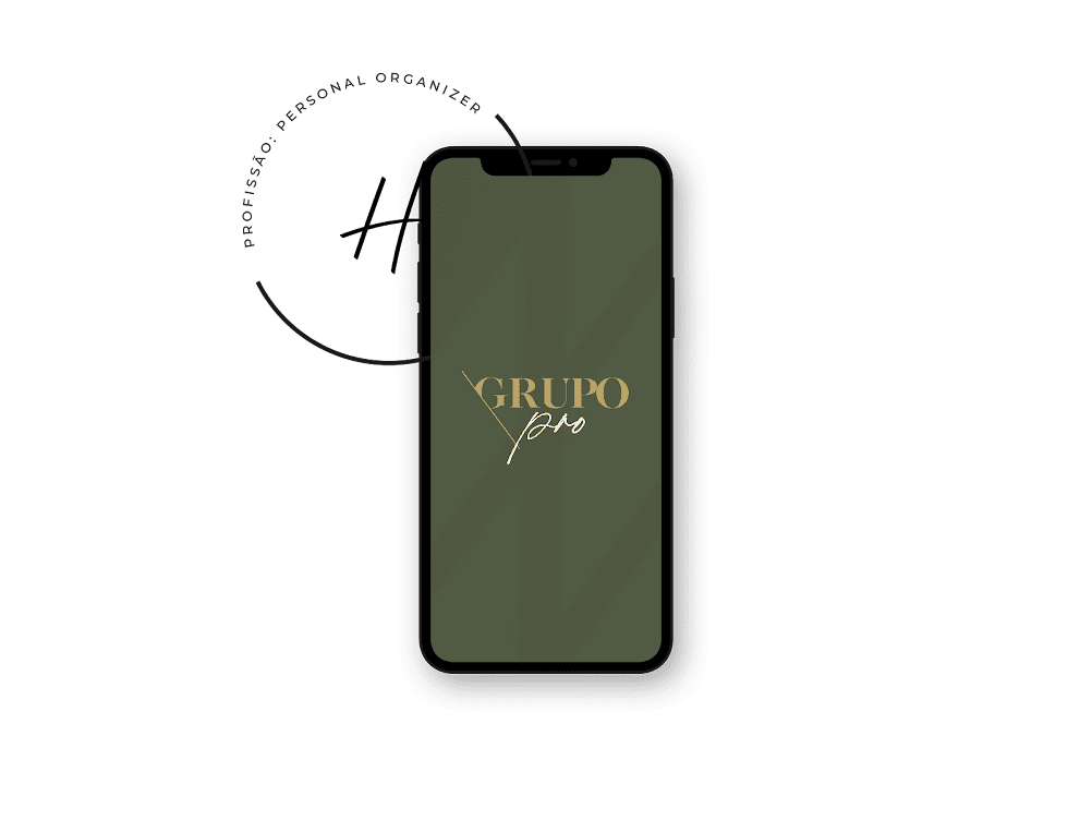 A smartphone with a dark green screen displays the text "Grupo You" in gold script. Encased in a black cover, it features circular text reading "Professional Personal Organizer" around a stylized "HA" logo in the top left, symbolizing expertise akin to that gained from a curso personal organizer.