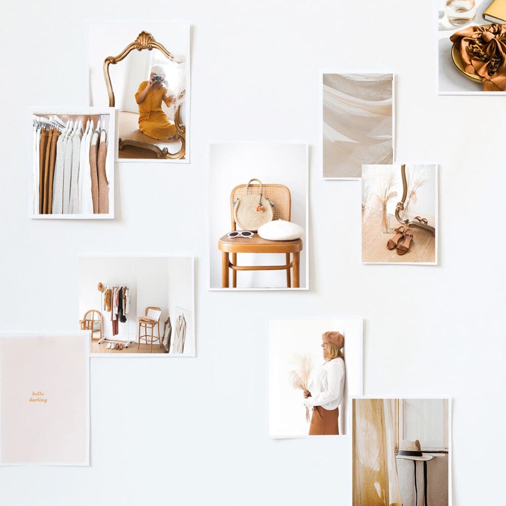 A collage of aesthetic photographs on a white wall showcases the essence of a well-curated space, reminiscent of a curso personal organizer. Images include clothes on hangers, a chair with a bag, shoes, and soft fabric close-ups, all in warm, neutral tones that exude cozy vibes.
