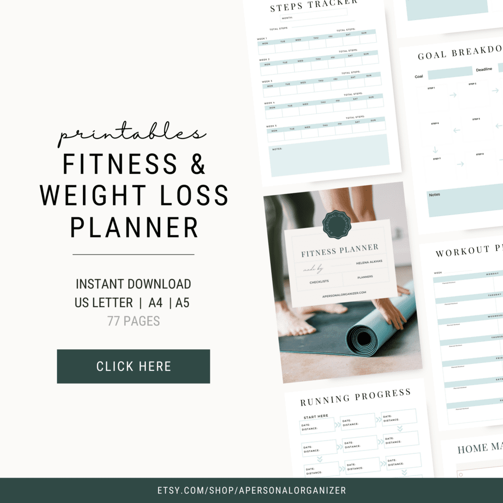 A collage of fitness and weight loss planner printables for seamless organizing. Includes steps tracker, goal breakdown, workout plan, and running progress charts. A rolled yoga mat image is in the center. Text indicates 77 pages available for instant download in various sizes.