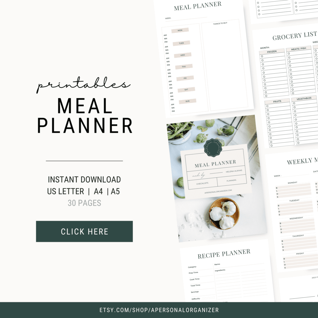 Discover an organizing solution with this printable meal planner set. It features 30 pages, including meal planning sheets, grocery lists, weekly inventory, and a recipe planner. Text reads "Printables Meal Planner," "Instant Download." Ready to streamline? Click here!.