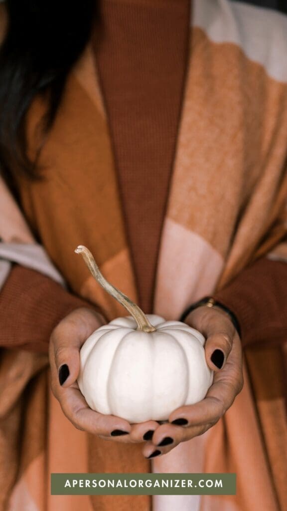 A person with dark nail polish holds a small white pumpkin, embodying Thanksgiving vibes. They wear a brown sweater under a plaid shawl featuring shades of brown and beige. The bottom of the image displays a website name.