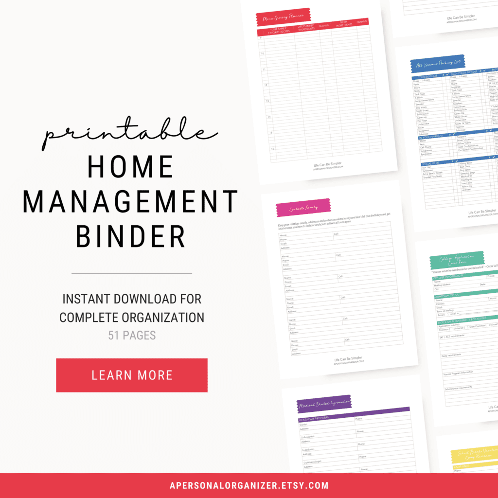 Introducing our printable Home Management Binder, the ultimate planner with 51 vibrant pages to tackle every task. Instantly download and start organizing with colorful page samples. Click "Learn More" and visit our website today!.