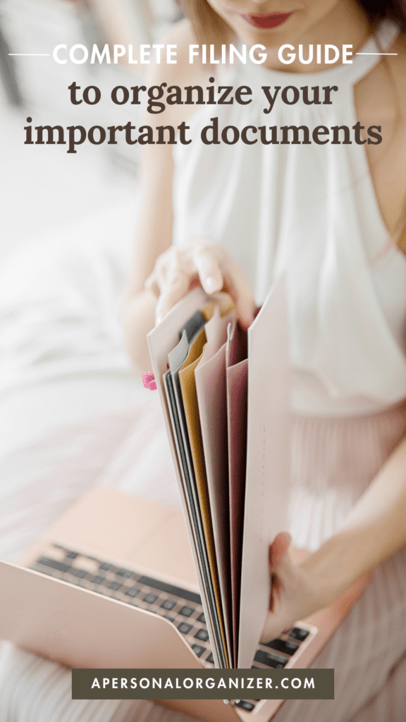 A woman organizes documents in a pink folder. The text reads, "Complete Filing Guide to Enhance Your Important Document Organizer" with a website link at the bottom.