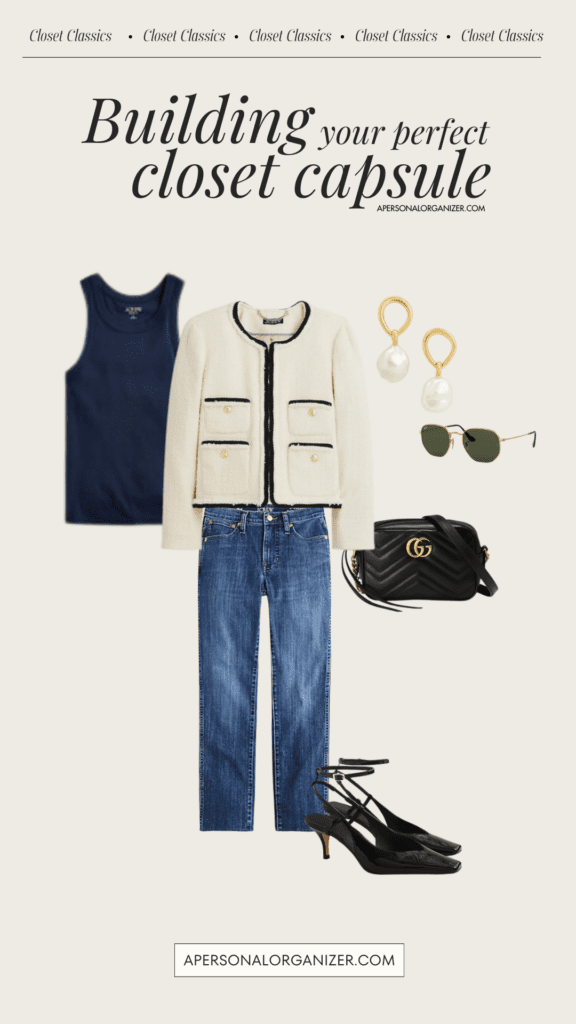 A capsule wardrobe layout featuring a navy tank top, a cream cardigan with black trim, blue jeans, black slingback heels, a black crossbody bag, pearl earrings, and aviator sunglasses. Text reads "Crafting your ideal capsule wardrobe.