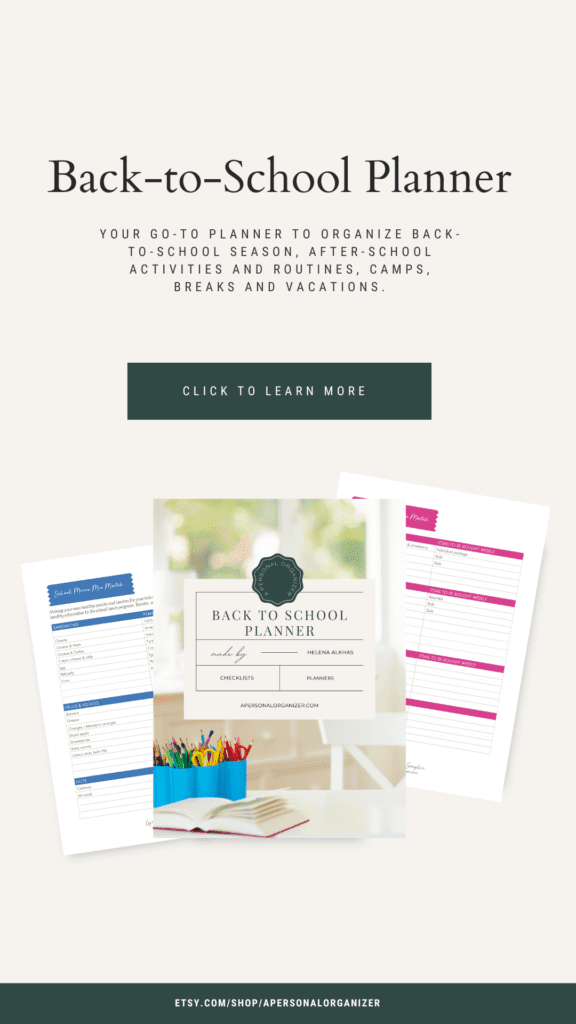 A promotional image for a Back-to-School Planner features an open planner with sections for organizing school activities and routines. Perfect for tackling the new academic year, it includes a call-to-action button labeled "Click to Learn More.