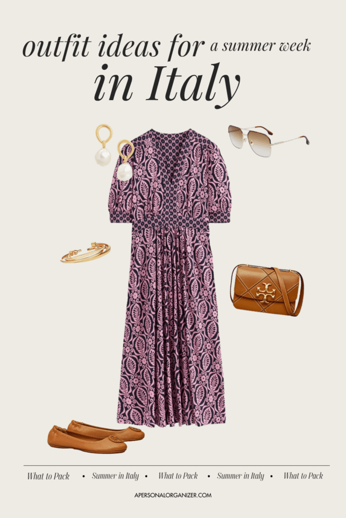 A purple patterned dress is styled for a summer week in Rome with packing essentials: pearl earrings, sunglasses, a brown quilted purse, gold bracelets, and brown loafers. Discover how to prepare with these chic outfit ideas for your Italian getaway.