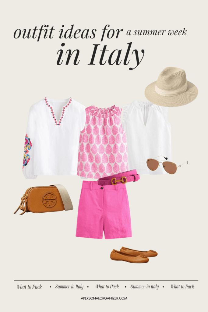 How to prepare for your summer week in Rome? Discover perfect outfit ideas including a white blouse, pink patterned sleeveless top, and pink shorts. Accessorize with a straw hat, sunglasses, and a beige designer purse all paired with comfy brown flats for that chic Italian flair.