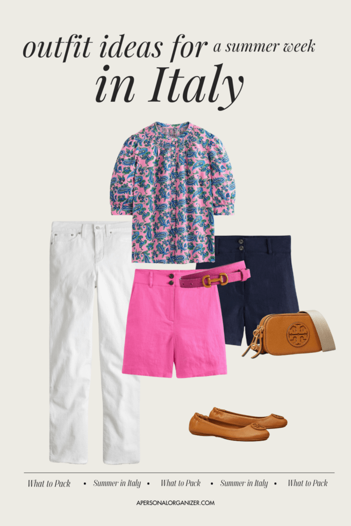 Collage featuring summer outfits perfect for Rome. Includes white pants, a floral blouse, pink shorts with a purple belt, a navy skirt, a brown crossbody bag, and brown flats. Text reads: "What to Pack for a Stylish Summer Week in Italy.