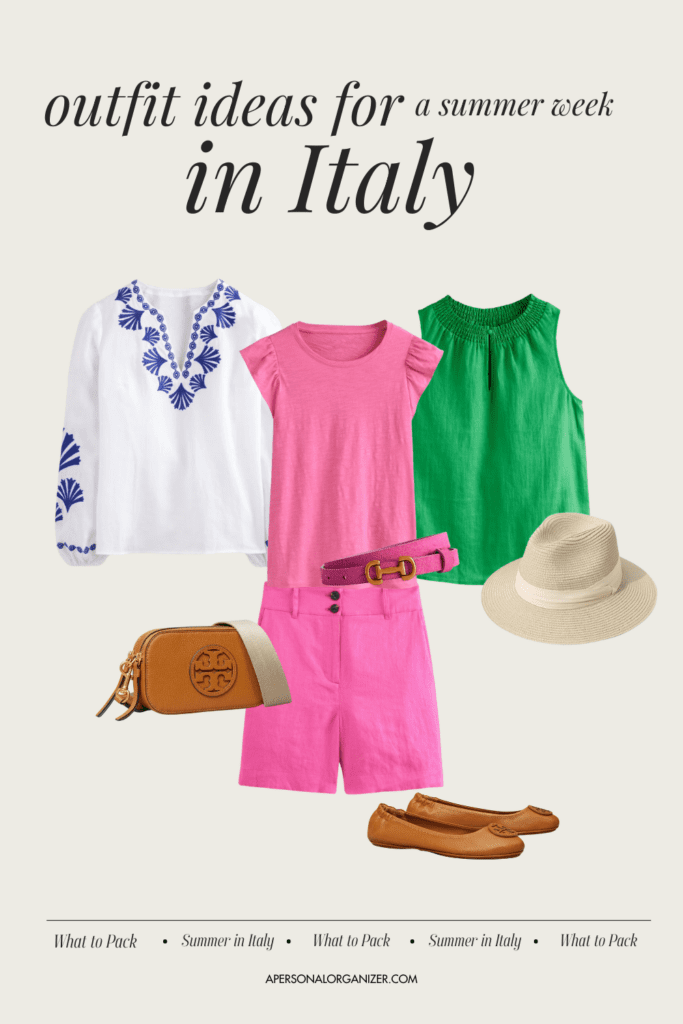 A summer outfit collage for a trip to Italy. Featuring a white blouse with blue embroidery, pink t-shirt, green sleeveless top, pink shorts, straw hat, tan flats, and a brown wristlet. Discover what to pack for your stylish summer week in Rome!.